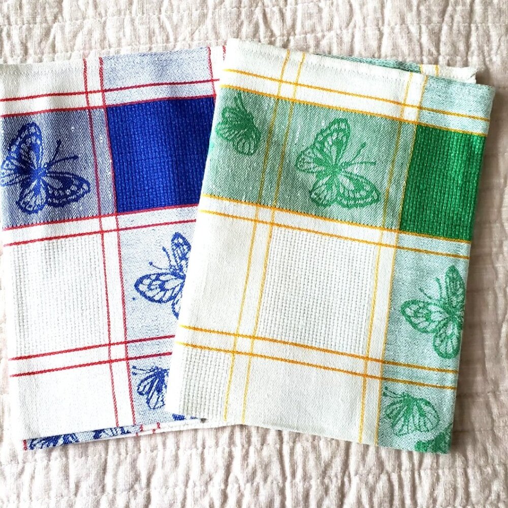 SET of 2 KITCHEN TOWELS LINEN WHITE BLUE GREEN BUTTERFLY PRINT VINTAGE NEW